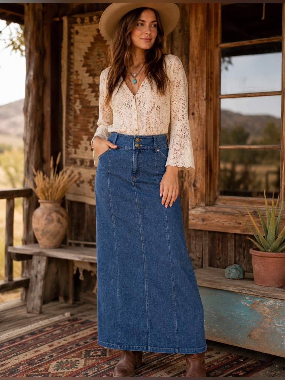 Vintage Tribal Stretch Denim Maxi Skirt Size 8 Blue Button Front Back Slit